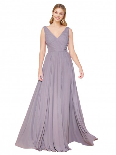 Rose poudré Trapèze Col V Mousseline Longue Formelles Robes demoiselle d'honneur / Robes de soirée / Robes de bal à Bas Prix