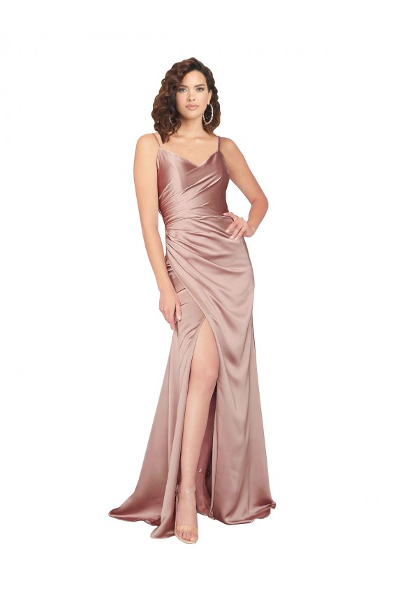 Rose poussiéreux Fourreau Col V Satiné Soyeux Longue Formelles Robes demoiselle d'honneur / Robes de soirée / Robes de bal à Bas Prix