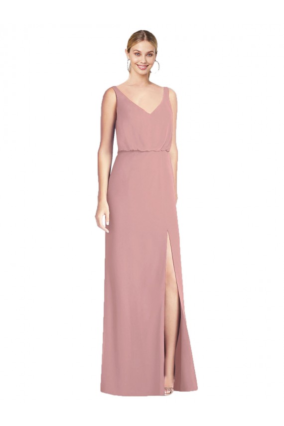 Rose poussiéreux Sirène Col V Mousseline Longue Robes demoiselle d'honneur à Bas Prix