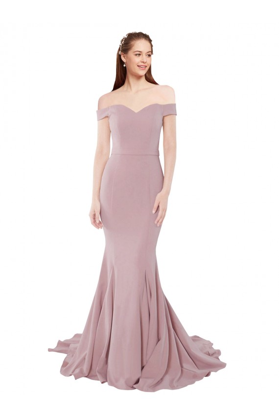 Rose poussiéreux Sirène Épaule Dénudée Balayage train Crêpe Stretch Longue Formelles Robes demoiselle d'honneur / Robes de soirée / Robes de bal à Bas Prix