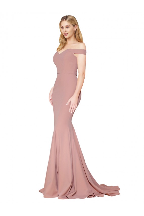 Rose poussiéreux Sirène Épaule Dénudée Balayage train Crêpe Stretch Longue Formelles Robes demoiselle d'honneur / Robes de soirée / Robes de bal à Bas Prix