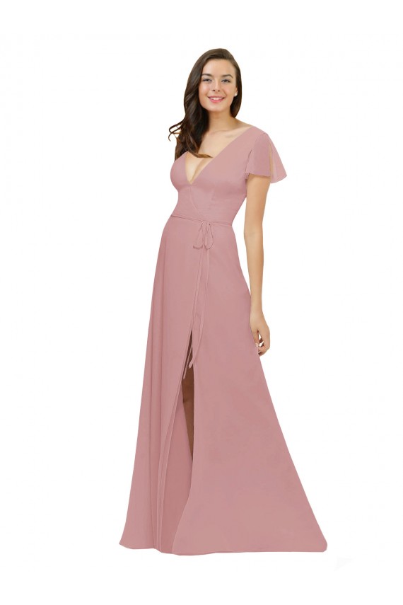 Rose poussiéreux Trapèze Col V Mousseline Longue Robes demoiselle d'honneur à Bas Prix