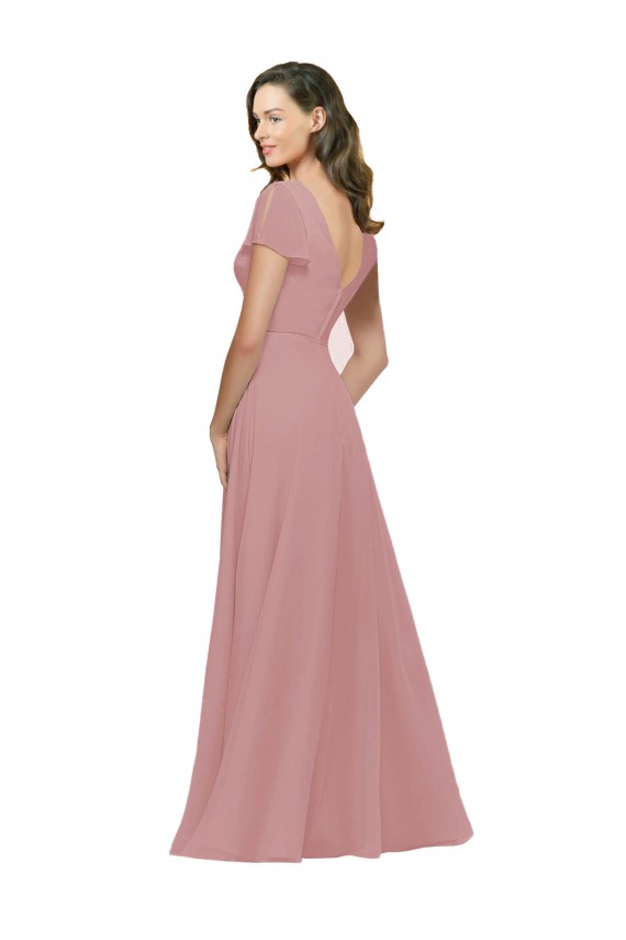 Rose poussiéreux Trapèze Col V Mousseline Longue Robes demoiselle d'honneur à Bas Prix