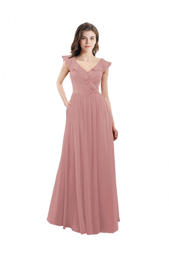 Rose poussiéreux Trapèze Col V Mousseline Longue Robes demoiselle d'honneur à Bas Prix