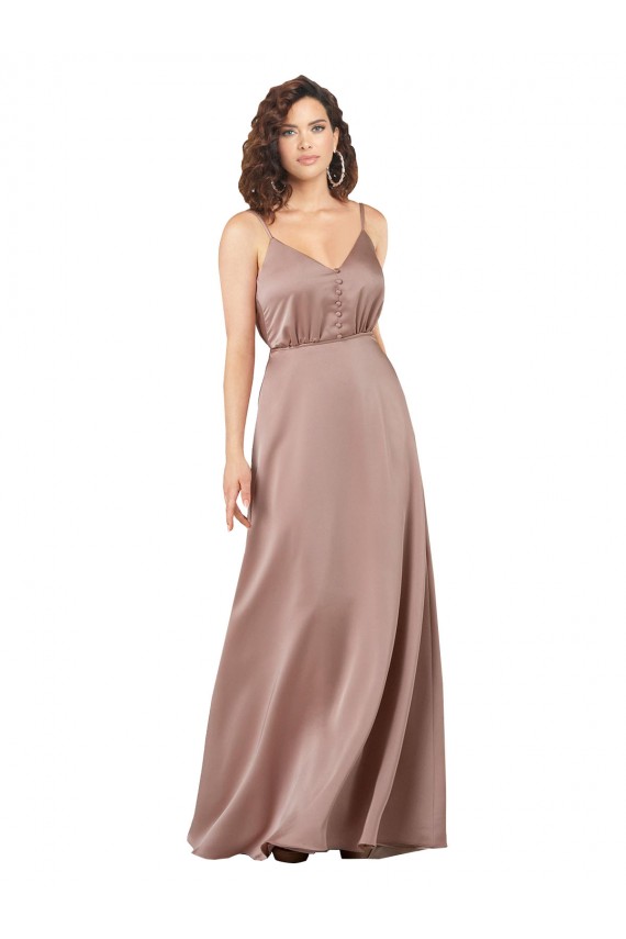 Rose poussiéreux Trapèze Col V Satiné Soyeux Longue Formelles Robes demoiselle d'honneur / Robes de soirée à Bas Prix