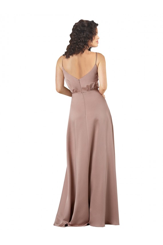 Rose poussiéreux Trapèze Col V Satiné Soyeux Longue Formelles Robes demoiselle d'honneur / Robes de soirée à Bas Prix