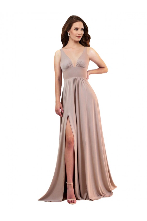 Rose poussiéreux Trapèze Col V Spandex Longue Formelles Robes demoiselle d'honneur / Robes de soirée / Robes de bal à Bas Prix