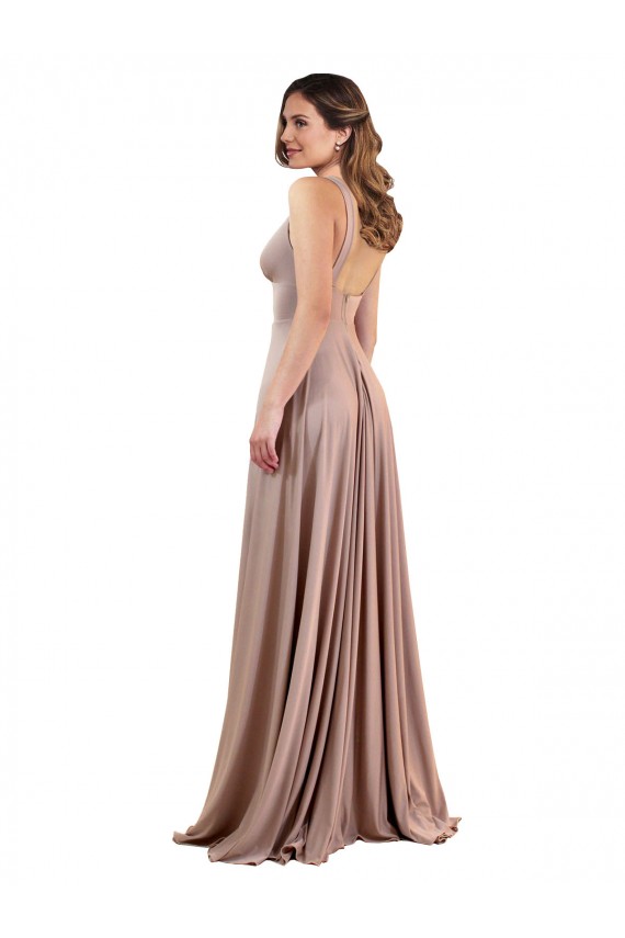 Rose poussiéreux Trapèze Col V Spandex Longue Formelles Robes demoiselle d'honneur / Robes de soirée / Robes de bal à Bas Prix