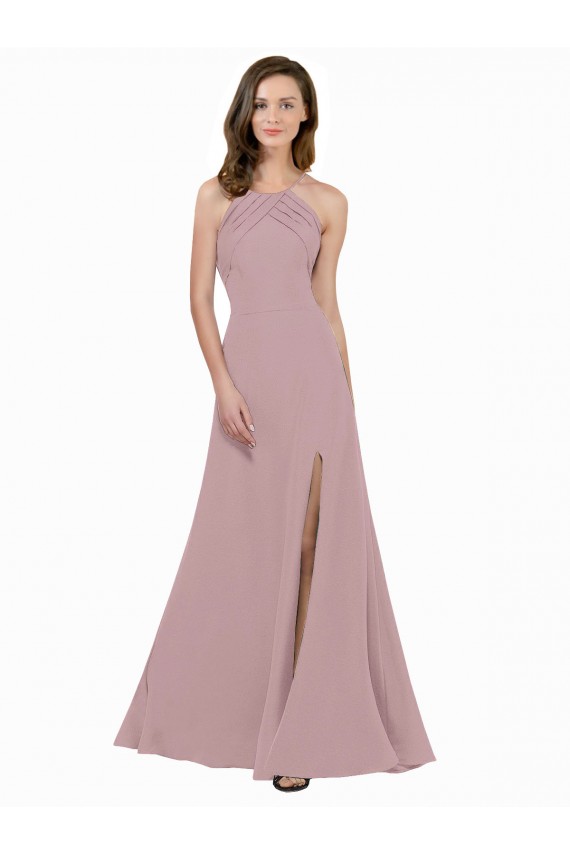Rose poussiéreux Trapèze Col bijou Col Haut Crêpe Stretch Longue Robes demoiselle d'honneur / Robes de bal à Bas Prix