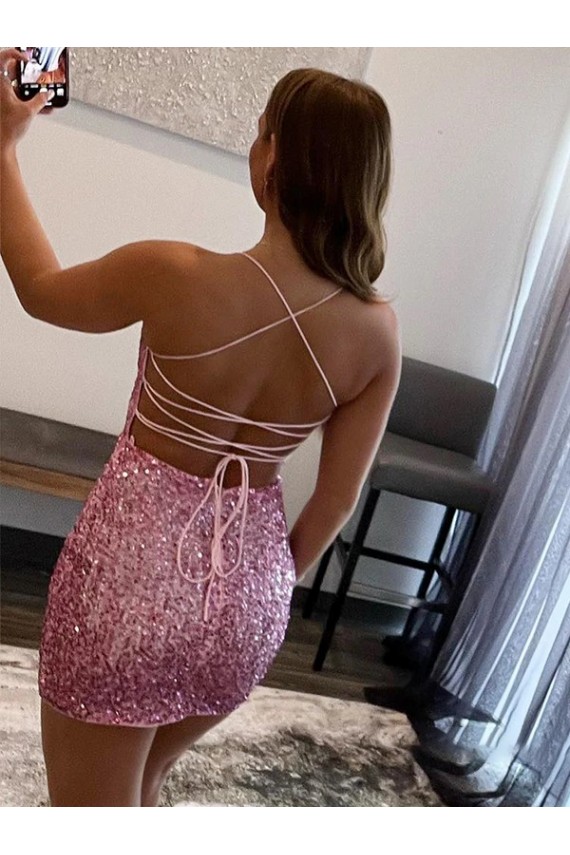 Rose vif Fourreau Bretelles spaghetti Courte Paillettes Velours Courte Robes de bal à Bas Prix