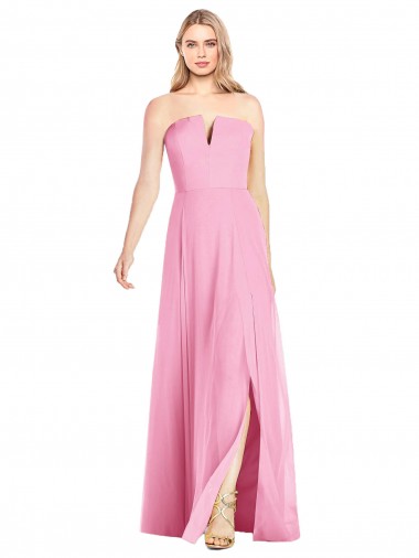 Rose vif Trompette Col V Sans bretelle Mousseline Longue Robes demoiselle d'honneur à Bas Prix