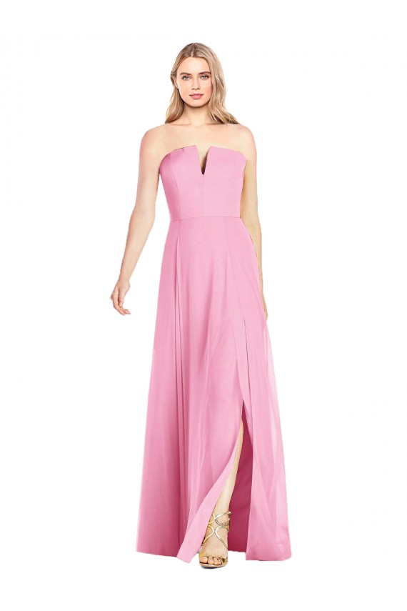 Rose vif Trompette Col V Sans bretelle Mousseline Longue Robes demoiselle d'honneur à Bas Prix