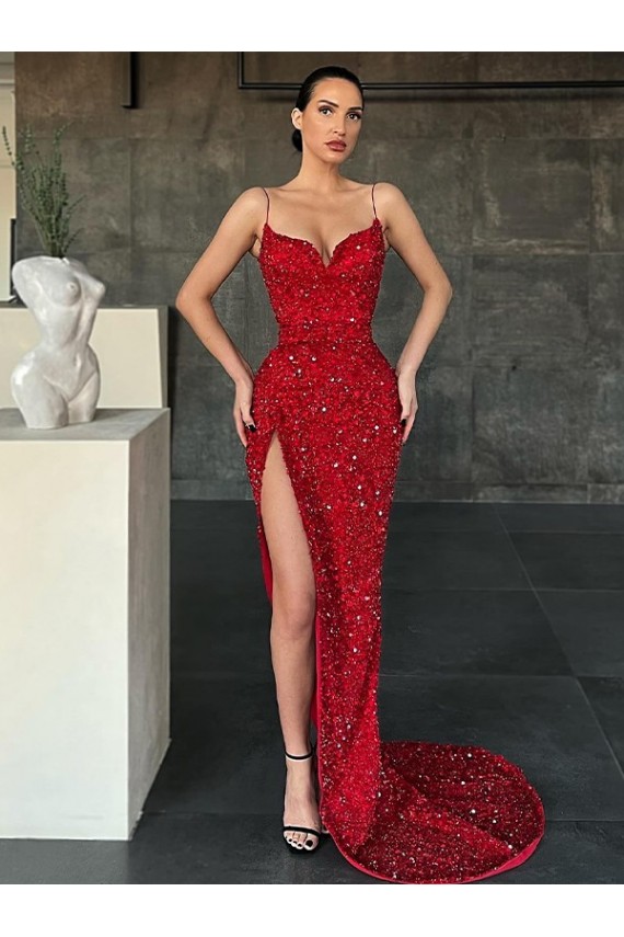 Rouge Fourreau Col V Balayage train Paillettes Velours Longue Robes de bal à Bas Prix