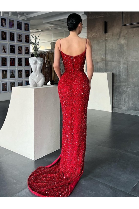 Rouge Fourreau Col V Balayage train Paillettes Velours Longue Robes de bal à Bas Prix