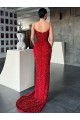 Rouge Fourreau Col V Balayage train Paillettes Velours Longue Robes de bal à Bas Prix