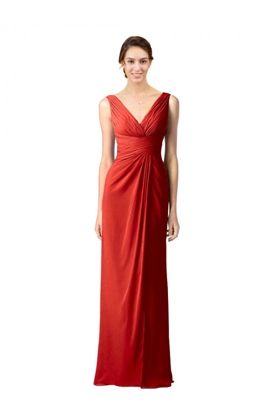 Rouge Fourreau Col V Mousseline Longue Robes demoiselle d'honneur à Bas Prix