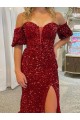 Rouge Fourreau Épaule Dénudée Traîne moyenne Paillettes Velours Longue Robes de bal à Bas Prix