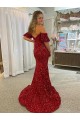 Rouge Fourreau Épaule Dénudée Traîne moyenne Paillettes Velours Longue Robes de bal à Bas Prix