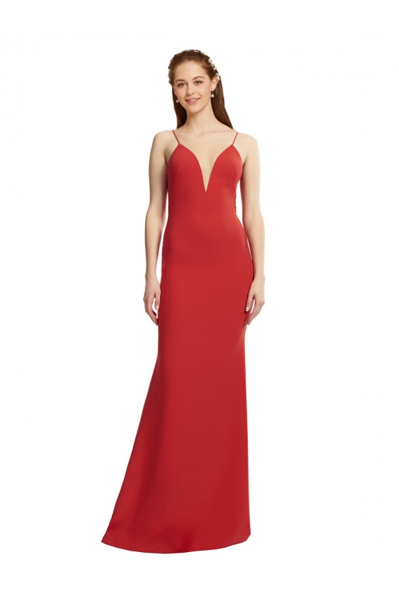 Rouge Sirène Bretelles spaghetti Col V Crêpe Stretch Longue Formelles Robes demoiselle d'honneur / Robes de soirée / Robes de bal à Bas Prix