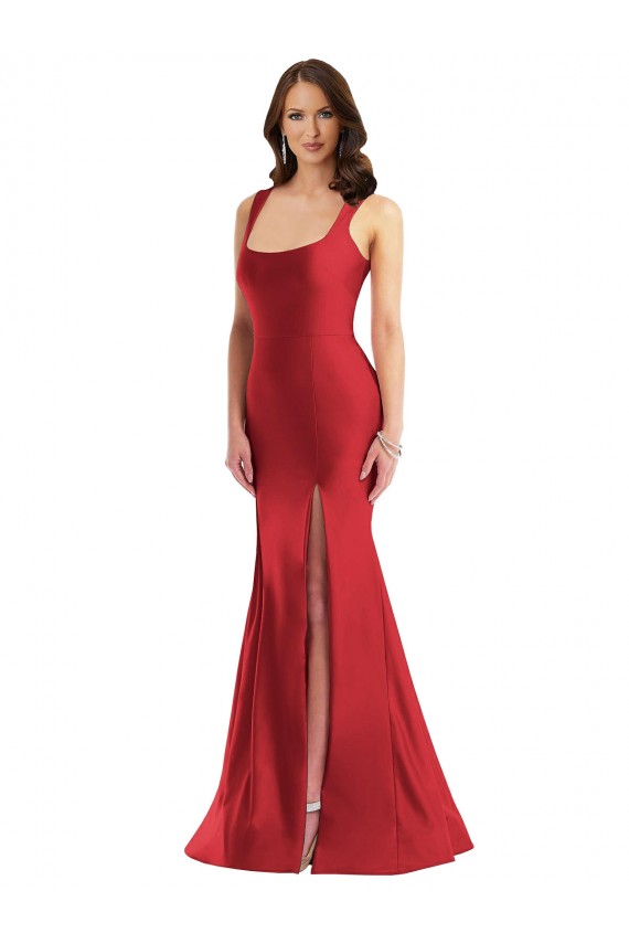 Rouge Sirène Col Carré Satiné Soyeux Longue Formelles Robes demoiselle d'honneur / Robes de soirée / Robes de bal à Bas Prix
