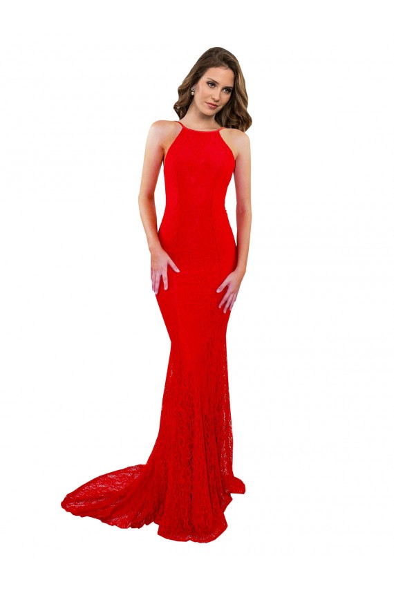 Rouge Sirène Col Haut Dentelle Longue Formelles Robes demoiselle d'honneur / Robes de soirée / Robes de bal à Bas Prix