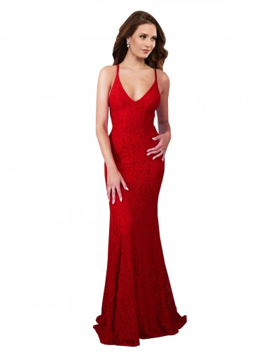 Rouge Sirène Col V Dentelle Longue Formelles Robes demoiselle d'honneur / Robes de soirée / Robes de bal à Bas Prix