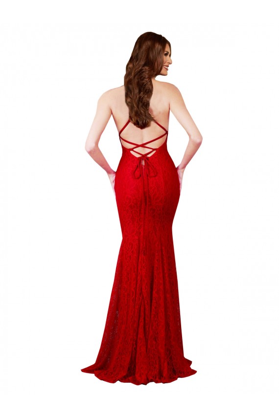 Rouge Sirène Col V Dentelle Longue Formelles Robes demoiselle d'honneur / Robes de soirée / Robes de bal à Bas Prix