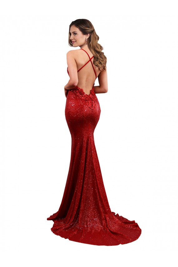 Rouge Sirène Col V Paillette Longue Formelles Robes demoiselle d'honneur / Robes de soirée / Robes de bal à Bas Prix