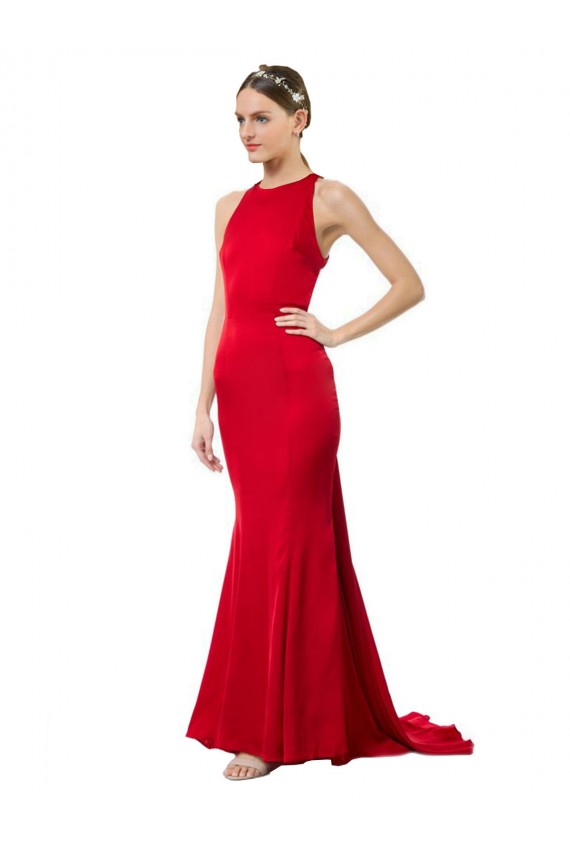 Rouge Sirène Licou Col Haut Crêpe Stretch Longue Formelles Robes demoiselle d'honneur / Robes de soirée / Robes de bal à Bas Prix