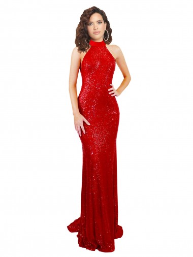 Rouge Sirène Licou Col Haut Paillette Longue Formelles Robes demoiselle d'honneur / Robes de soirée / Robes de bal à Bas Prix
