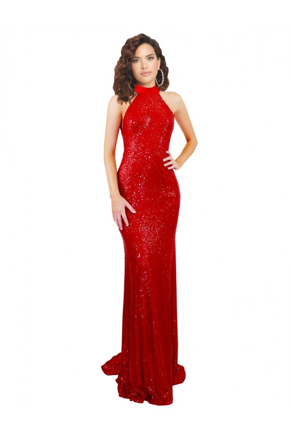 Rouge Sirène Licou Col Haut Paillette Longue Formelles Robes demoiselle d'honneur / Robes de soirée / Robes de bal à Bas Prix