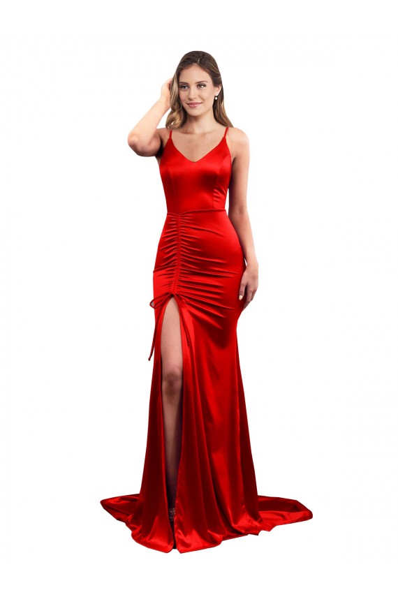 Rouge Sirène Satiné Stretch Longue Formelles Robes demoiselle d'honneur / Robes de soirée / Robes de bal à Bas Prix