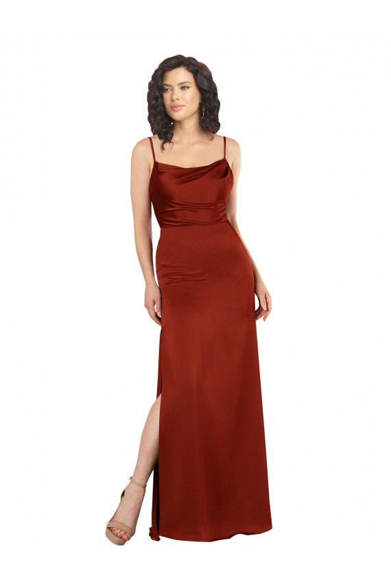 Rouge Trapèze Bretelles spaghetti Col Carré Satiné Soyeux Longue Formelles Robes demoiselle d'honneur / Robes de soirée / Robes de bal à Bas Prix
