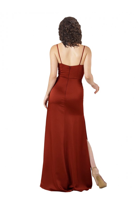 Rouge Trapèze Bretelles spaghetti Col Carré Satiné Soyeux Longue Formelles Robes demoiselle d'honneur / Robes de soirée / Robes de bal à Bas Prix