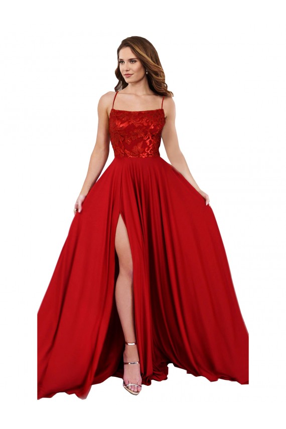 Rouge Trapèze Bretelles spaghetti Col Carré Spandex Dentelle Longue Robes demoiselle d'honneur / Robes de bal à Bas Prix
