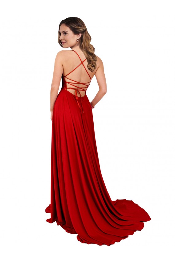 Rouge Trapèze Bretelles spaghetti Col Carré Spandex Dentelle Longue Robes demoiselle d'honneur / Robes de bal à Bas Prix