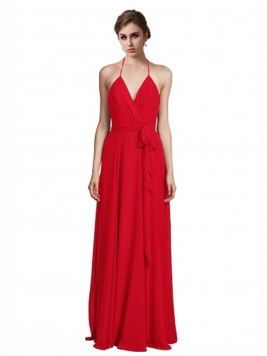 Rouge Trapèze Bretelles spaghetti Col V Mousseline Longue Robes demoiselle d'honneur à Bas Prix