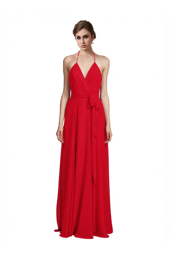 Rouge Trapèze Bretelles spaghetti Col V Mousseline Longue Robes demoiselle d'honneur à Bas Prix
