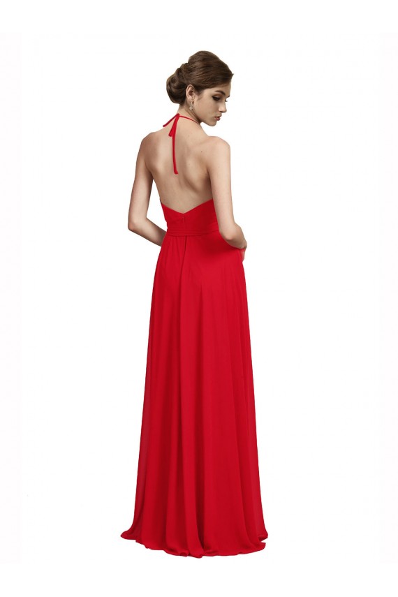 Rouge Trapèze Bretelles spaghetti Col V Mousseline Longue Robes demoiselle d'honneur à Bas Prix