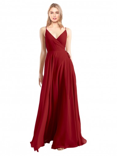 Rouge Trapèze Bretelles spaghetti Col V Mousseline Longue Robes demoiselle d'honneur à Bas Prix