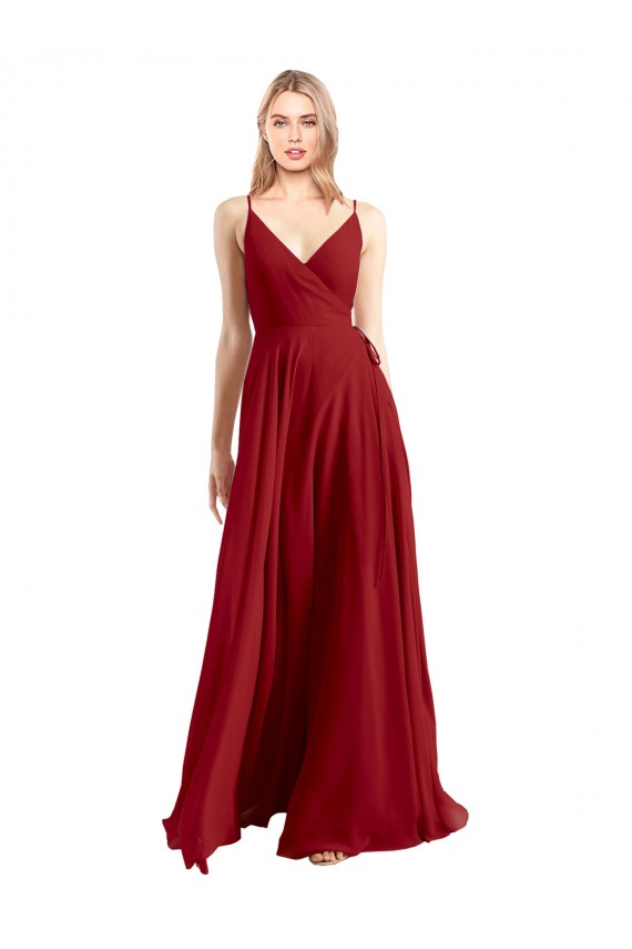 Rouge Trapèze Bretelles spaghetti Col V Mousseline Longue Robes demoiselle d'honneur à Bas Prix