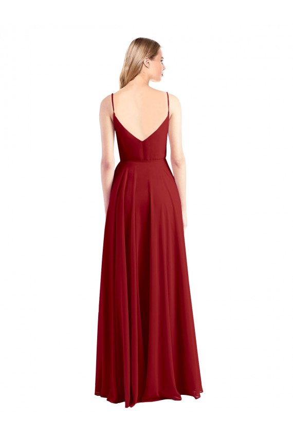 Rouge Trapèze Bretelles spaghetti Col V Mousseline Longue Robes demoiselle d'honneur à Bas Prix