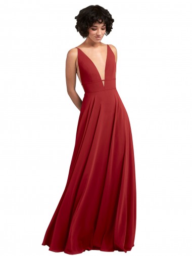 Rouge Trapèze Col V Mousseline Longue Robes demoiselle d'honneur à Bas Prix