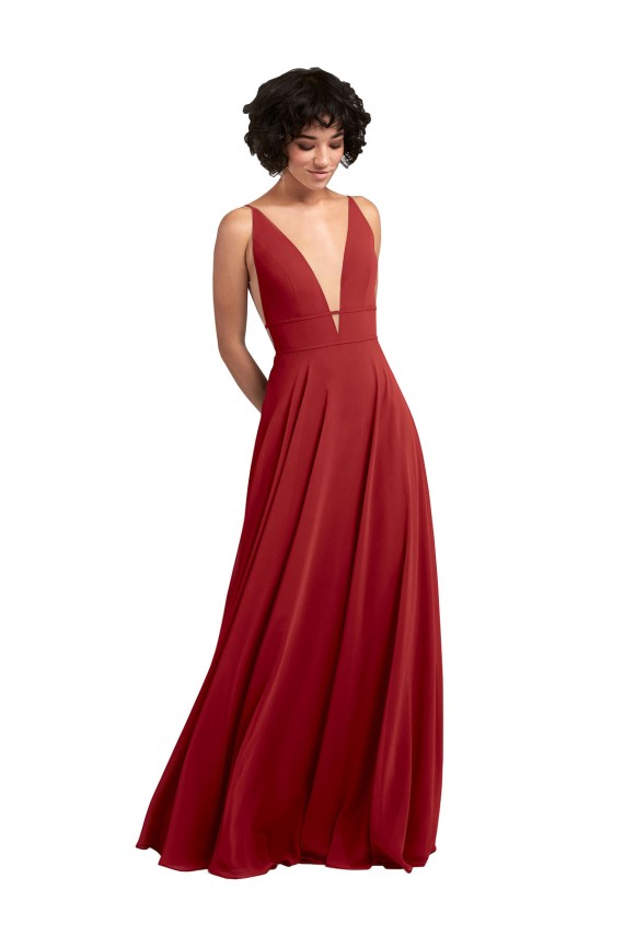 Rouge Trapèze Col V Mousseline Longue Robes demoiselle d'honneur à Bas Prix