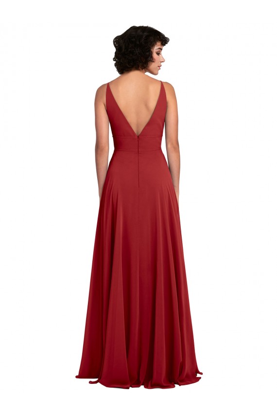 Rouge Trapèze Col V Mousseline Longue Robes demoiselle d'honneur à Bas Prix