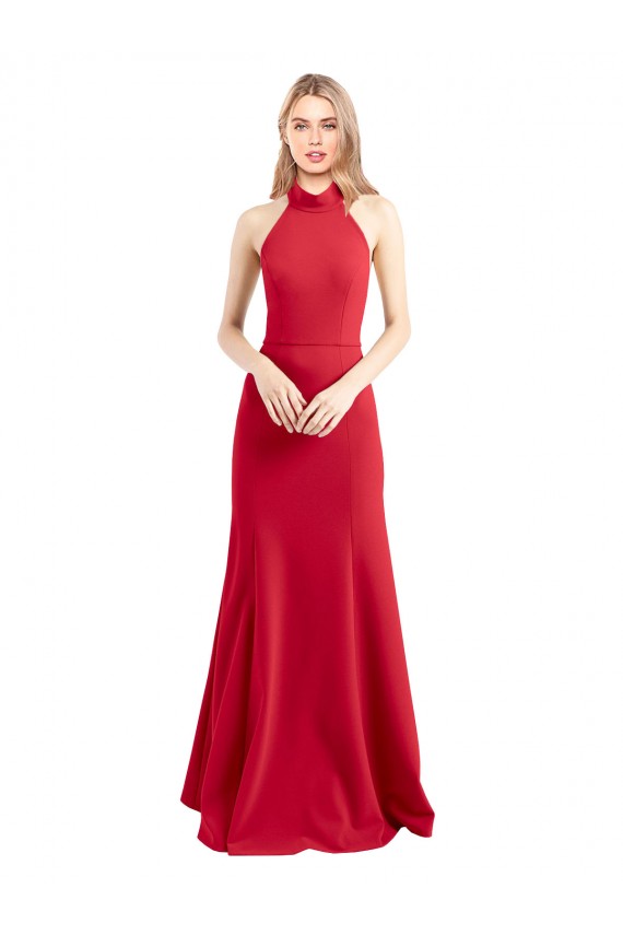 Rouge Trapèze Licou Col Haut Crêpe Stretch Longue Formelles Robes demoiselle d'honneur / Robes de soirée / Robes de bal à Bas Prix