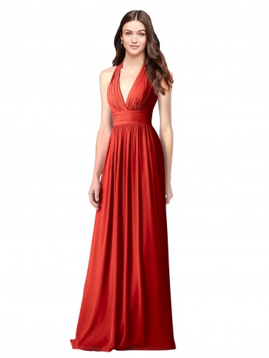 Rouge Trapèze Licou Col V Mousseline Longue Robes demoiselle d'honneur à Bas Prix