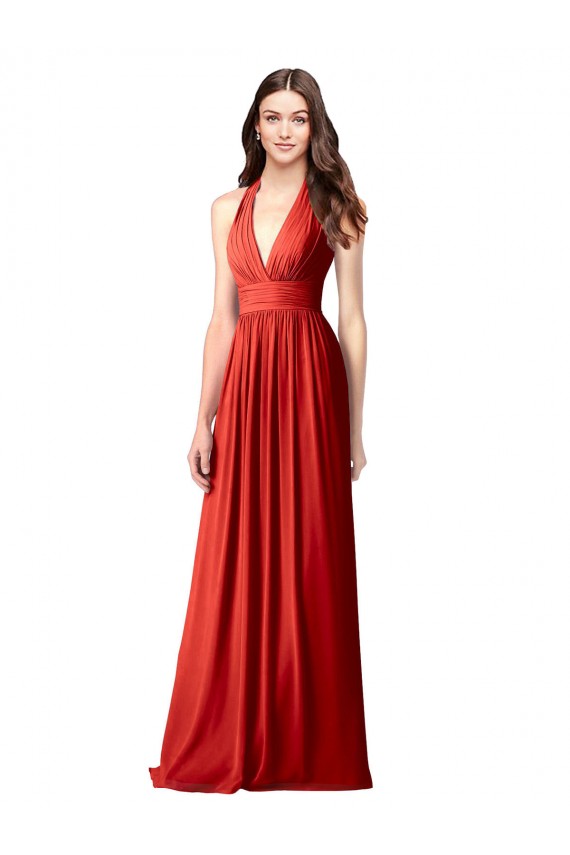 Rouge Trapèze Licou Col V Mousseline Longue Robes demoiselle d'honneur à Bas Prix