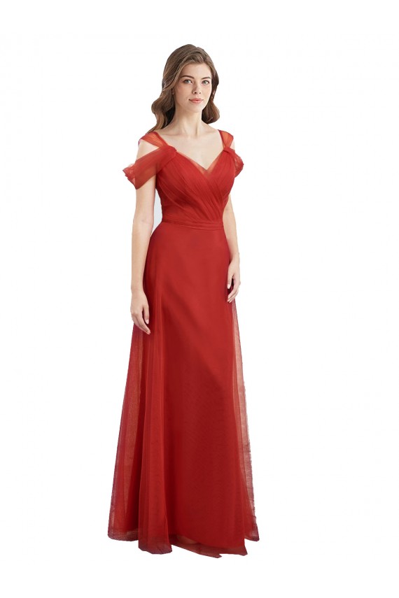 Rouge Trapèze Tulle Longue Robes demoiselle d'honneur à Bas Prix
