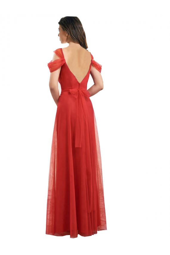 Rouge Trapèze Tulle Longue Robes demoiselle d'honneur à Bas Prix